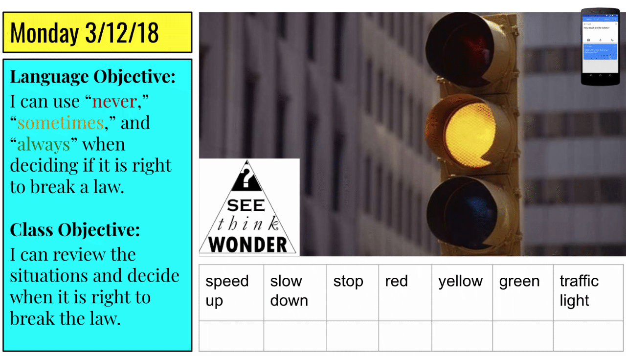 Image of traffic light and discussion of never/sometimes/always